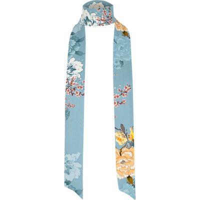 Blue floral print skinny scarf